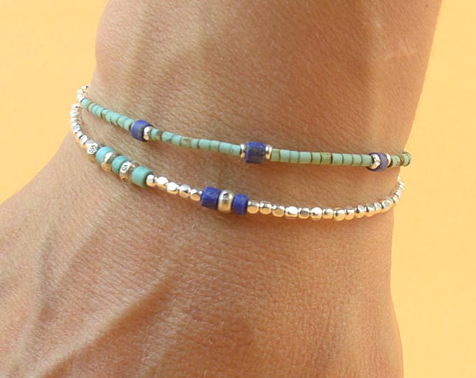 Double strand multi gemstones and sterling silver beads bracelet.Dainty bracelet.Wrap.Turquoise,Lapis lazuli and Sterling silver