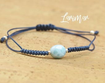 Larimar bracelet.Macrame bracelet.Woven bracelet,braided bracelet.Sterling silver bracelet.Blue Gemstone