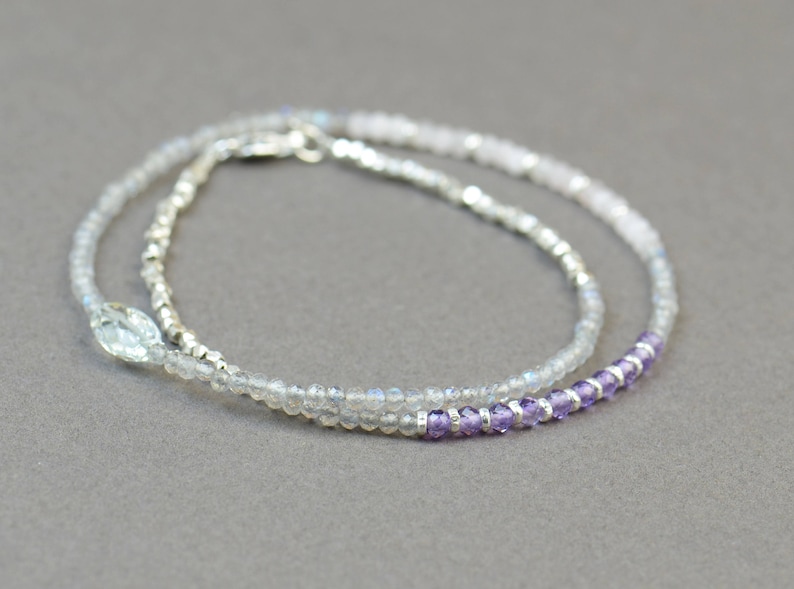 pink quartz Double strand multi gemstones and sterling silver beads bracelet.Dainty bracelet.Wrap.Amethyst,Labradorite,Aquamarine