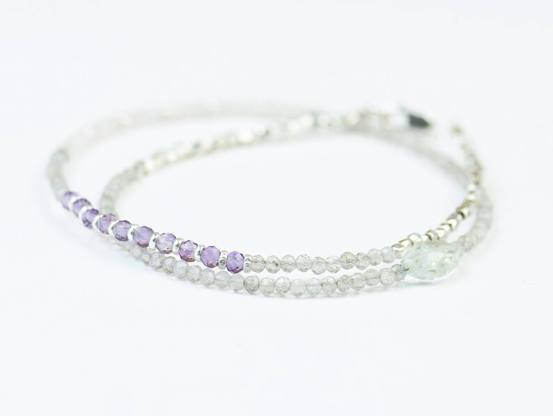 pink quartz Double strand multi gemstones and sterling silver beads bracelet.Dainty bracelet.Wrap.Amethyst,Labradorite,Aquamarine