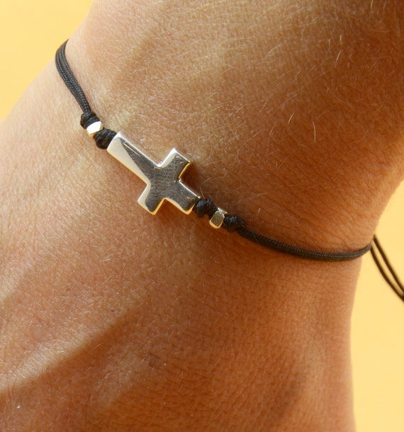 Silver Cross bracelet for man gray cord gift for him mens jewelry catholic  gift | eBay