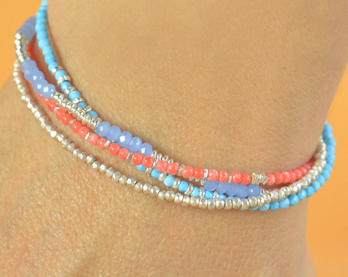 Multi strands gemstones and sterling silver beads bracelet.Bracelet set.Dainty bracelet.Wrap bracelet