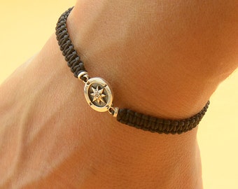 Sterling Silver Compass Charm Bracelet. Mens Bracelet.womens