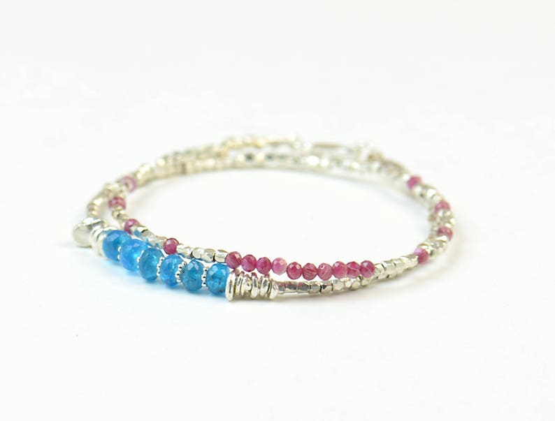Double strand gemstones and sterling silver beads bracelet.Dainty bracelet.Wrap.Ruby,apatite,sterling silver