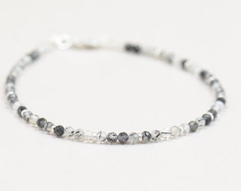 Tourmalinated quartz and sterling silver bracelet.Dainty bracelet.Wrap.Sterling Silver,tourmalinated quartz.Black