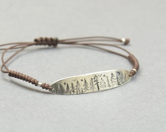 Sterling silver trees charm bracelet.Mens gift.unisex climbing bracelet.Braided cord.Waterproof bracelet.Mountain camping bracelet