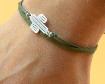 Sterling Silver cactus charm bracelet. Mens bracelet.Suede and cord