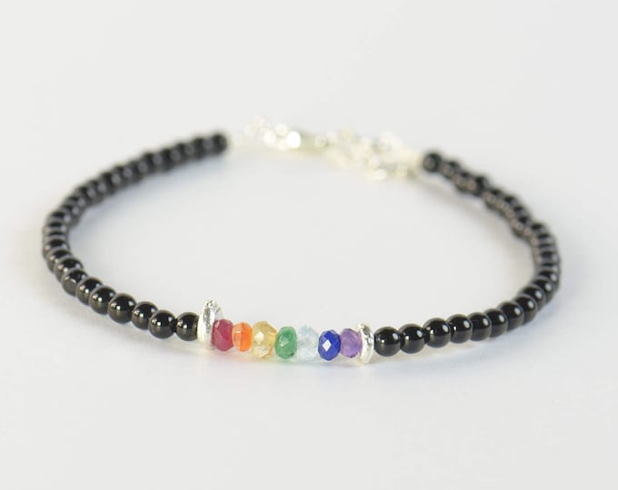 7 Chakras gemstones and black tourmaline beads  bracelet Rainbow bracelet