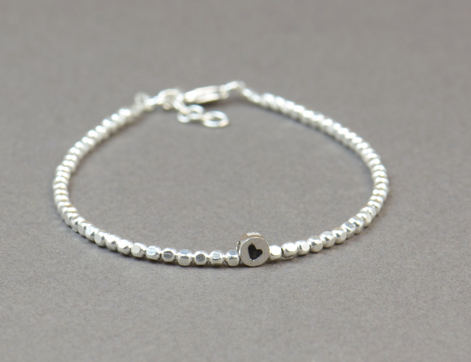 Square Sterling Silver Beads and Heart Charm Bracelet Etsy