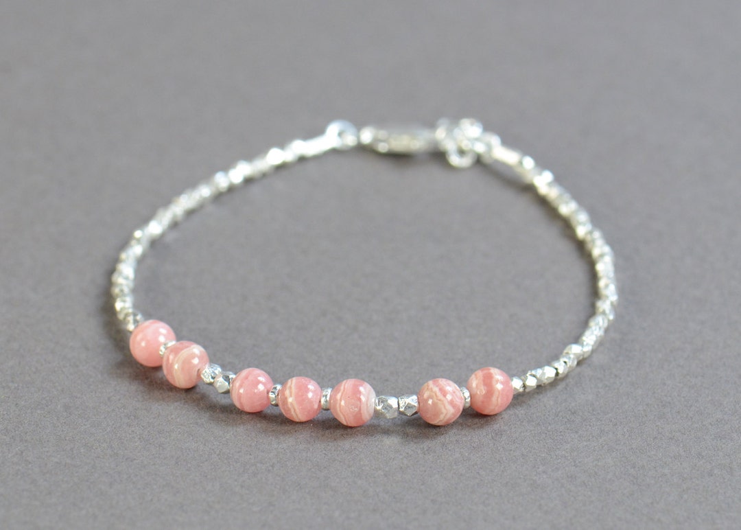 Rhodochrosite Round Beads and Sterling Silver Beads Bracelet - Etsy
