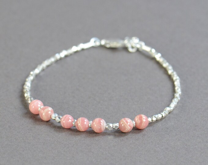 Rhodochrosite round beads and sterling silver beads  bracelet