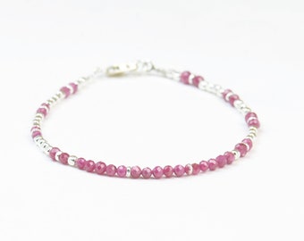 Ruby and sterling silver beads bracelet.Gift for her.Delicate.Faceted ruby.Delicate.Red Bracelet