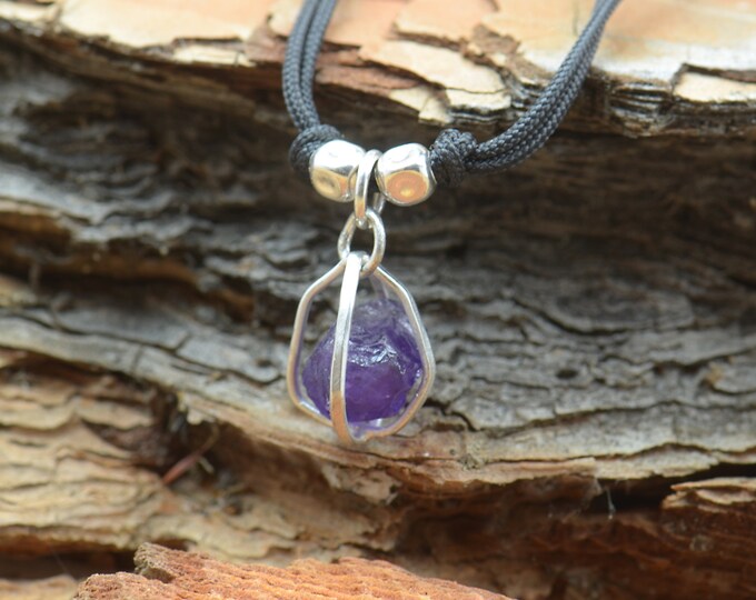 Sterling silver rough raw amethyst gemstone necklace cage pendant.Gift Apatite,aquamarine,citrine,amethyst,rustic,quartz,peridot,energy