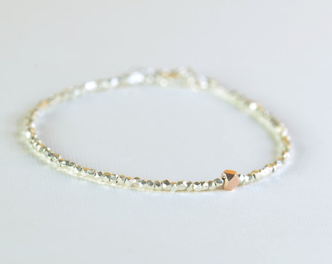 Faceted sterling silver beads  bracelet with Rose vermeil sterling silver bead