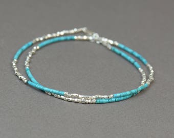 Turquoise and sterling silver beads  bracelet.Double wrap bracelet