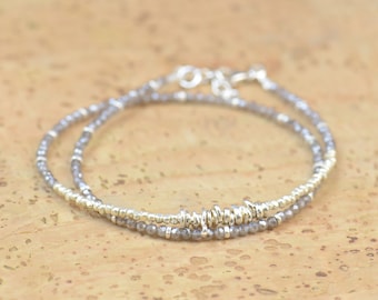 Double strand labradorite and sterling silver beads bracelet.Dainty bracelet.Wrap.Sterling Silver,Labradorite