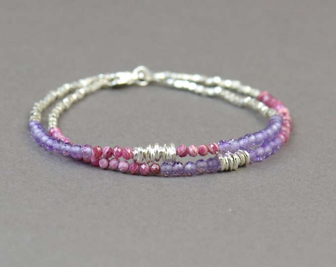 Double strand ruby,amethyst and sterling silver beads bracelet.Dainty bracelet.Wrap.Sterling Silver.Wrap