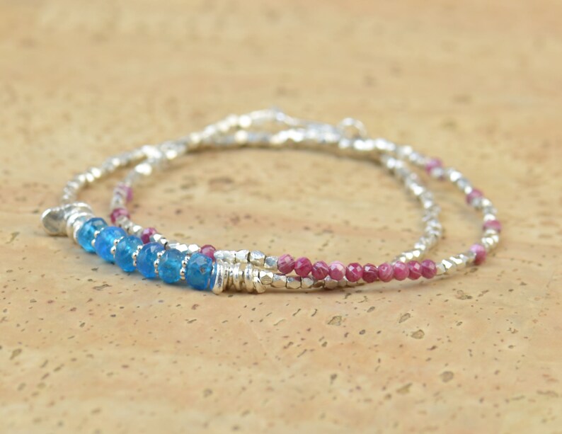 Double strand gemstones and sterling silver beads bracelet.Dainty bracelet.Wrap.Ruby,apatite,sterling silver