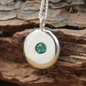 Tiny Sterling silver Pebble and Emerald gemstone pendant.Emerald Necklace,Handmade pendant.Mystery,magic.Emerald necklace.Minimalist pendant