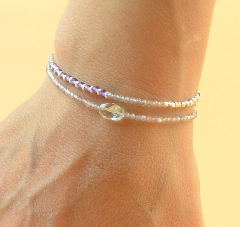 pink quartz Double strand multi gemstones and sterling silver beads bracelet.Dainty bracelet.Wrap.Amethyst,Labradorite,Aquamarine