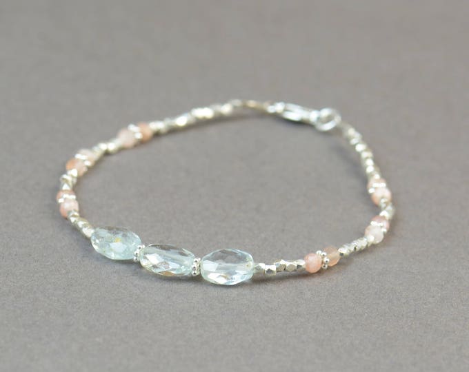 Aquamarine,pink moonstone and sterling silver beads bracelet