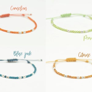 Choose gemstone.Bracelet with custom personalized tiny gemstone and sterling silver beads with cord.Adjustable knot.Birthstone bracelet.