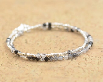 Double strand tourmalinated quartz and sterling silver bracelet.Dainty bracelet.Wrap.Sterling Silver,tourmalinated quartz.Black Tourmaline