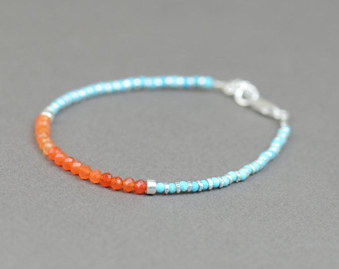 Sterling silver ,Turquoise and Carnelian bracelet.Beaded bracelet.Friedship bracelet.Gemstones bracelet.Clasp bracelet