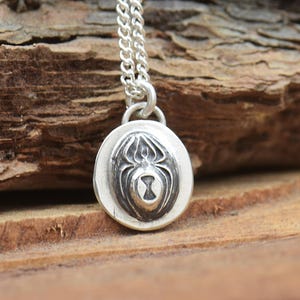 Op de afbeelding: Een zilveren ketting met een ronde hanger met een gedetailleerd zwart spinnenontwerp.