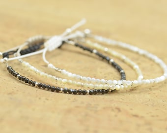 Tiny mother of pearl and sterling silver beads bracelet.White Cream or Black Genuine Color MOP