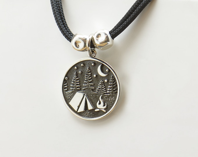 Sterling silver Mountain Night Camping charm necklace pendant-Sterling silver.Mens or women.Tent