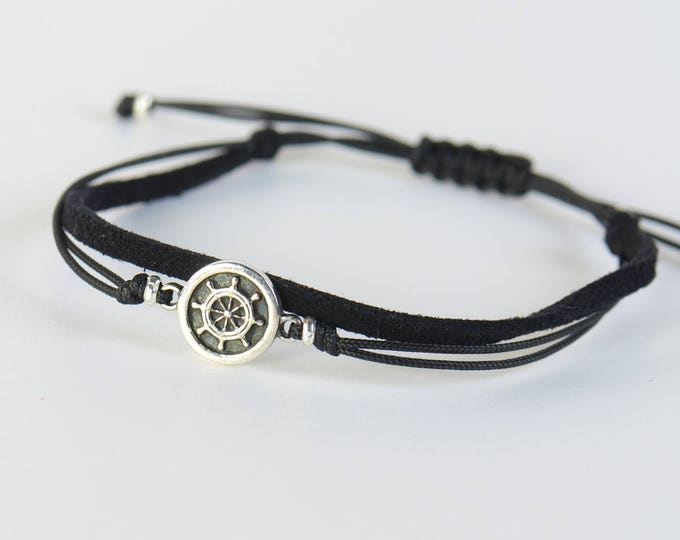 Sterling Silver rudder charm bracelet. Mens bracelet Ships wheel