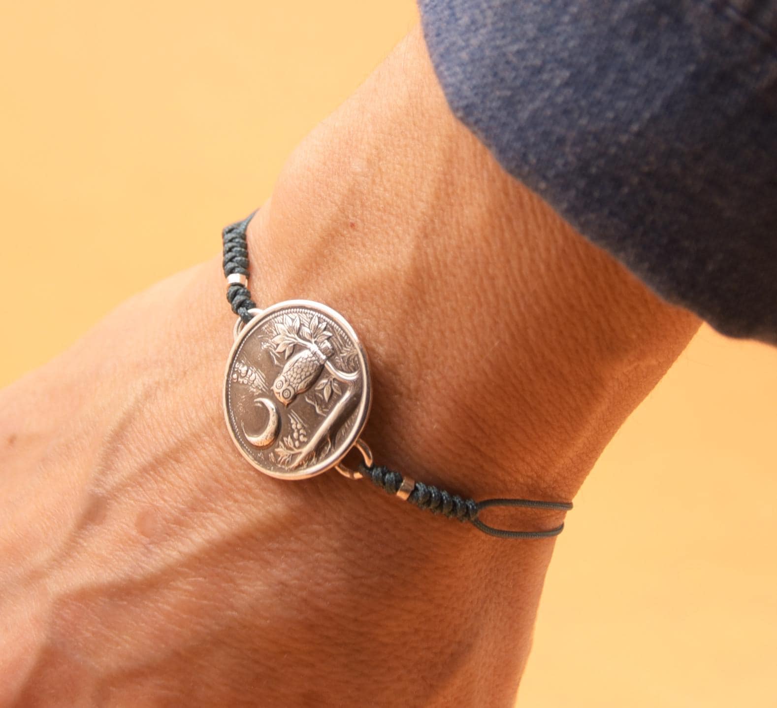Sterling silver moon owl bracelet. Wax seal jewelry.Mens bracelet.Owl Mystery adjustable