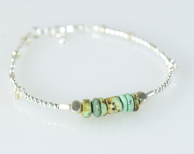 Green African Turquoise and sterling silver beads  bracelet