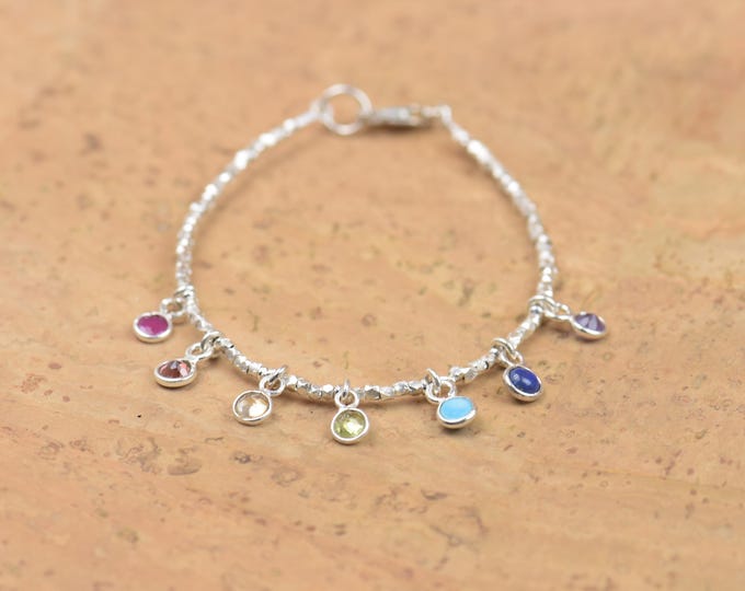 7 Chakras gemstones and sterling silver bracelet. Rainbow Hnaging bracelet