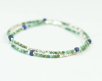 Double strand multi gemstones and sterling silver beads bracelet.Dainty bracelet.Wrap.Turquoise,Lapis lazuli and Sterling silver