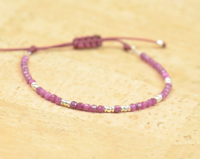 Ruby bracelet.Cube shape Ruby gemstones and sterling silver beads bracelet