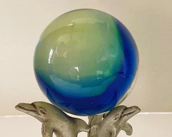 VGT Paperweight Green and Blue Swirls Sunglo Pewter Tripod Dolphin Holder 1993