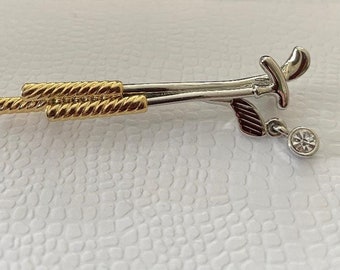 Liz Claiborne Golf Club Brooch Signed Gold Tone and Silver Tone Metal with Rhinestone 3 inches in Length