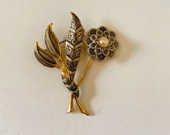 Damascene Flower with Faux Pearl Brooch Marked Spain Vintage 1940's