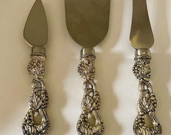 VTG Godinger 3 Piece Cheese Knives with Grape Vine Design 1980's Silver Plate