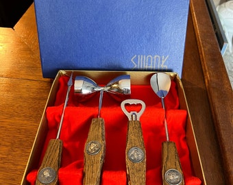 Swank Vintage Bar Utensils with Wooden Handles and Old Coins 4- Piece Set Excellent Vintage Condition.