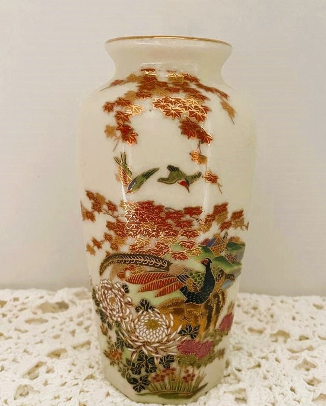 Vintage Japanese Satsuma Vase Peacock and Garden 1980's Etsy