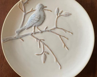 Pottery Barn Dinnerware Salad/Luncheon/Dessert Plate 9" Embossed Bird in Branches Discontinued Patterned