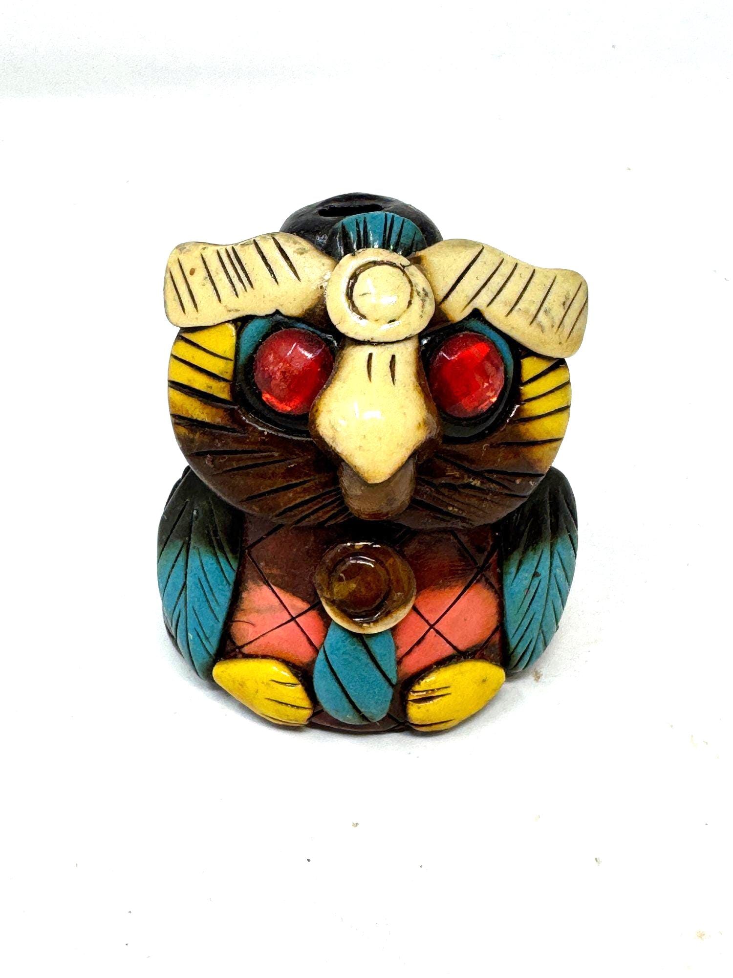 Vintage Owl Whistle Mexican Folk Art Handmade Pottery Colorful Aztec Style