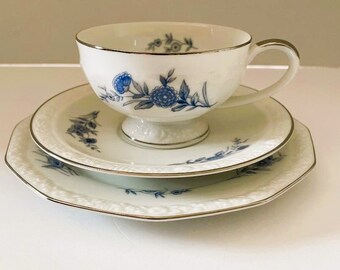 Tea Cup, Saucer, Dessert Plate by Excelsior, Andromeda Pattern Blue and White Fine China Narumi Japan