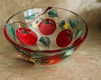 Slanted Glass Bowl Hand Blown with Hand Painted Tomatoes MCM Vintage