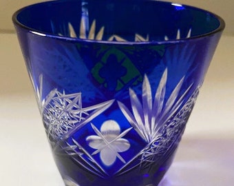 Cobalt Blue Cut Glass Endo Kiriko Made in Japan Whiskey Glass EUC