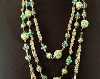 Vintage Vendome 3 Strand Chain Necklace with Crystals and Lamp work Beads