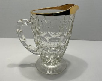 Vintage Jeannette Glass Thumbprint Pitcher with Gold Tone Edging